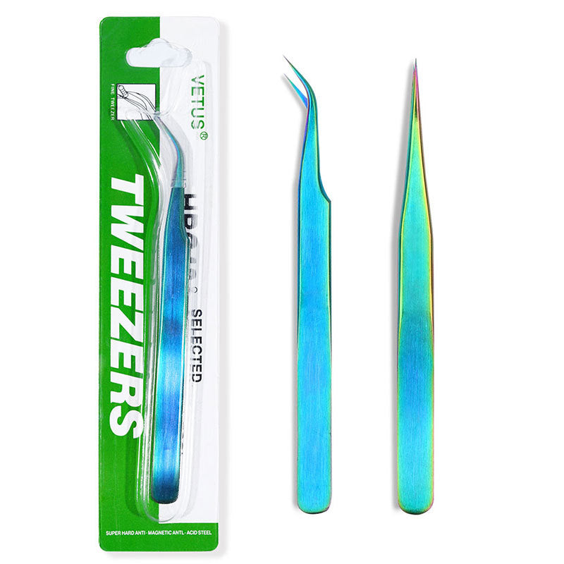 Straight and Curved Tip Tweezers Eyelash Extension Tweezers, Stainless Steel False Lash Application Tools (Iridescence)