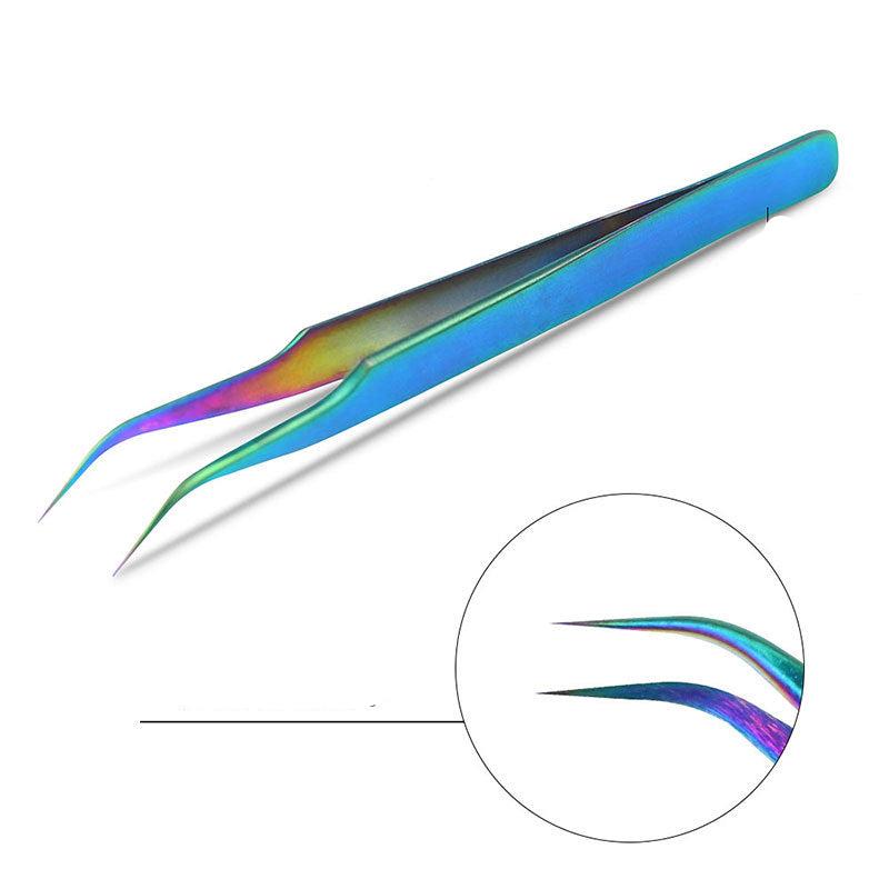 Straight and Curved Tip Tweezers Eyelash Extension Tweezers, Stainless Steel False Lash Application Tools (Iridescence)
