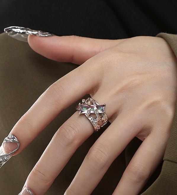 (Stainless)Dreamy Dual-Tone Gemstone Open Ring | Unique, Stylish, and Elegant Statement Piece