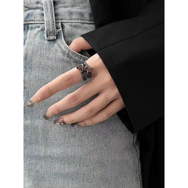 (Stainless)Gothic Black Wrap Ring with Fiery Red Rhinestone | Bold, Edgy, and Unique Statement Jewelry