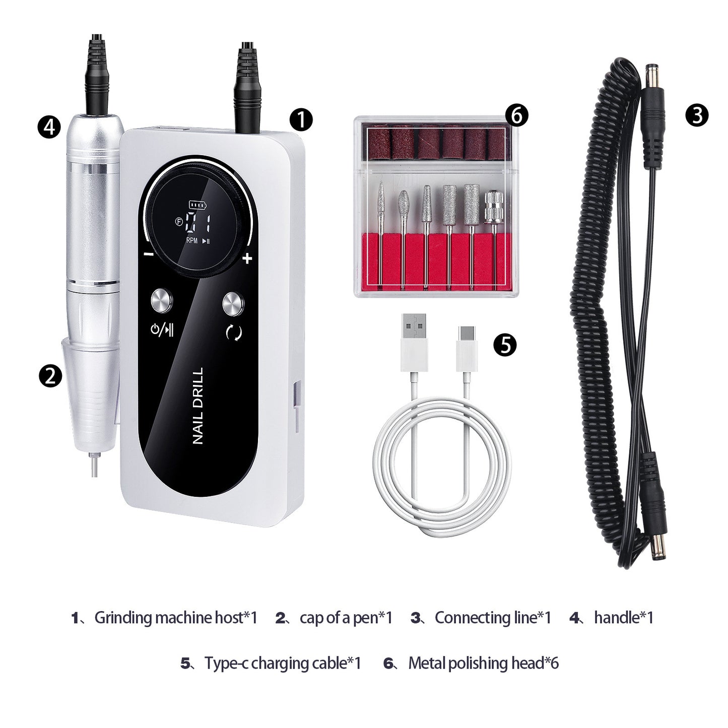 Portable Rechargeable Nail Drill 45000 RPM - Electric Nail File Efile Nail Drill Professional Manicure with 6PCS Nail Drill Bits