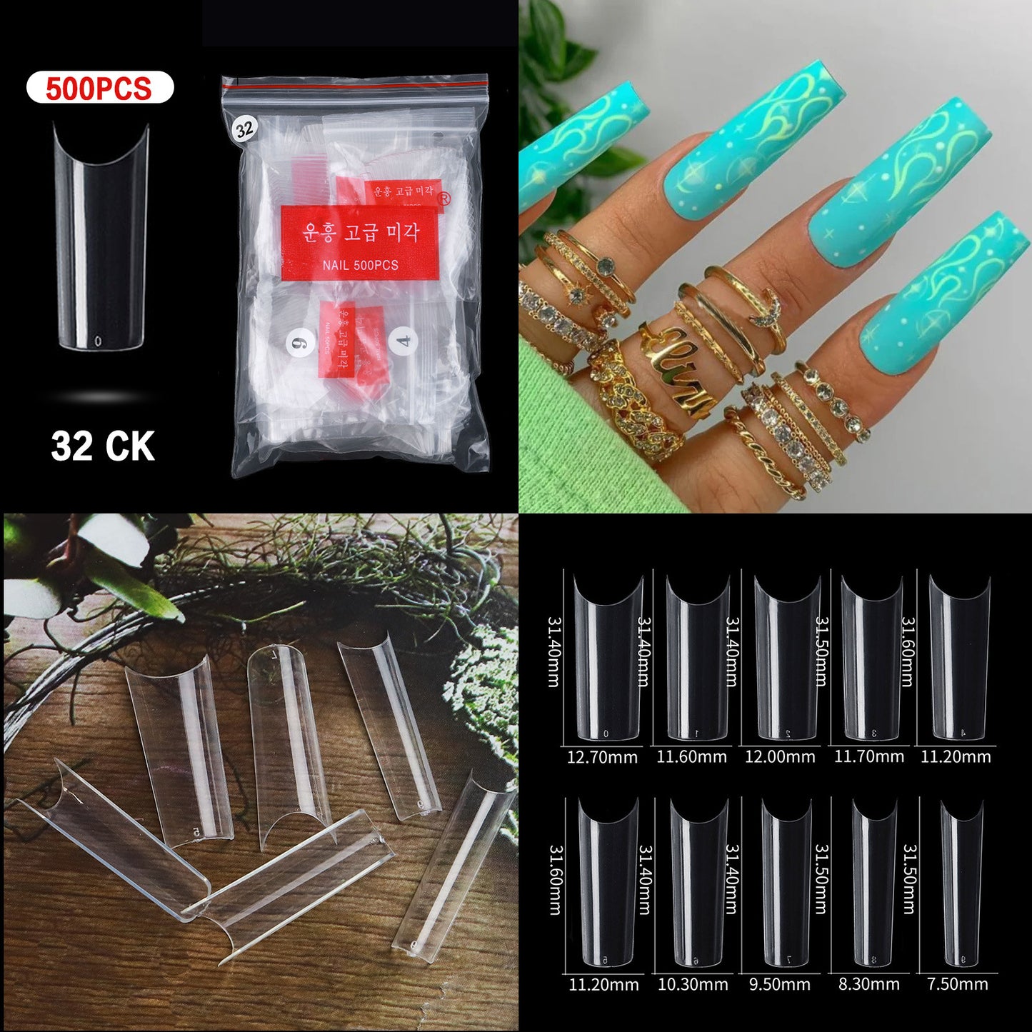 500 PCS Clear Nail Tips (33 different shapes) for Fingernails and Toenails
