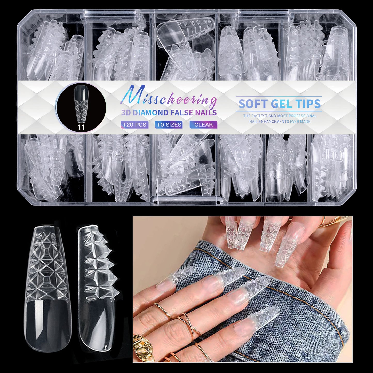 12 Different 3D Diamond Shape Designs Almond Nail Tips 120/140pcs Medium Nail Tips 14 Sizes Almond Shape Full Cover Acrylic Nails Clear Fake Nails for Nail Extension
