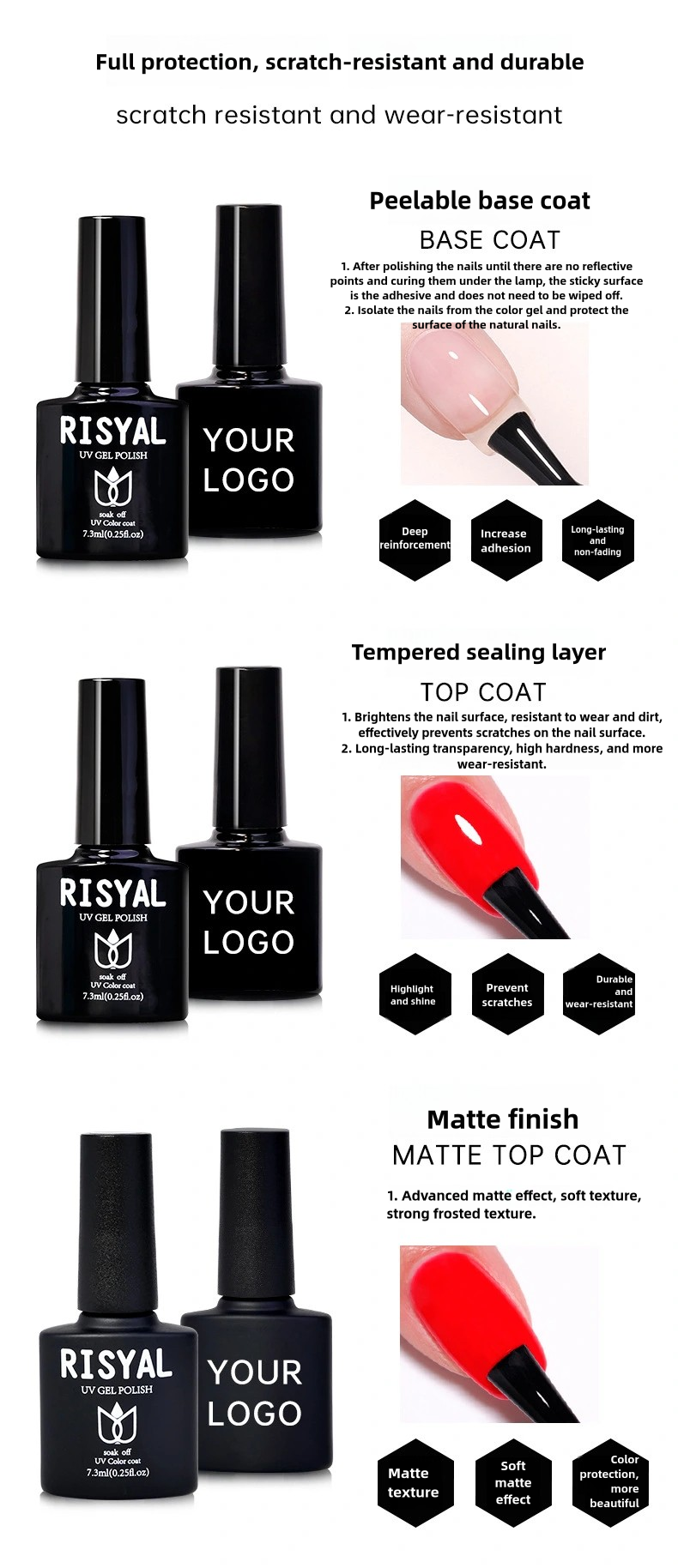 15ml Removable Base Gel & Leveling Gel & Tempered/Matte Top Gel, Top Coat, Base Coat
