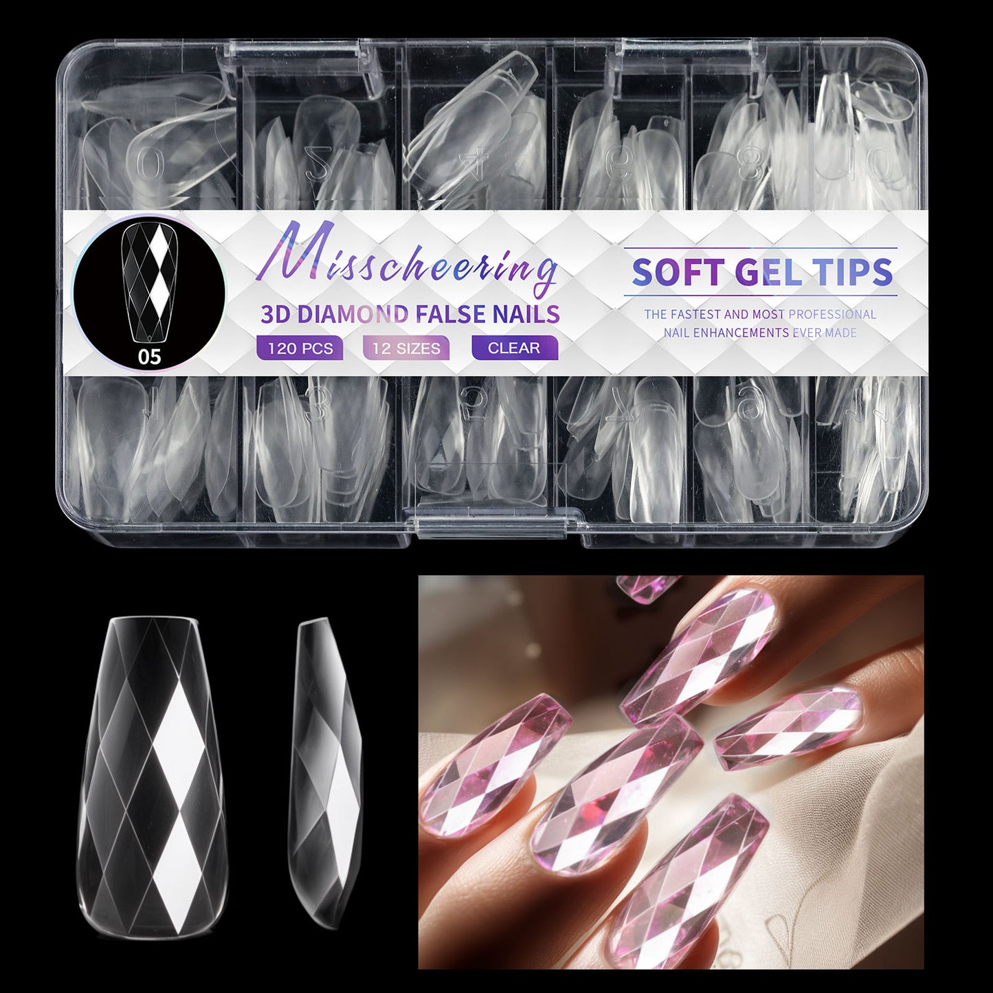 12 Different 3D Diamond Shape Designs Almond Nail Tips 120/140pcs Medium Nail Tips 14 Sizes Almond Shape Full Cover Acrylic Nails Clear Fake Nails for Nail Extension