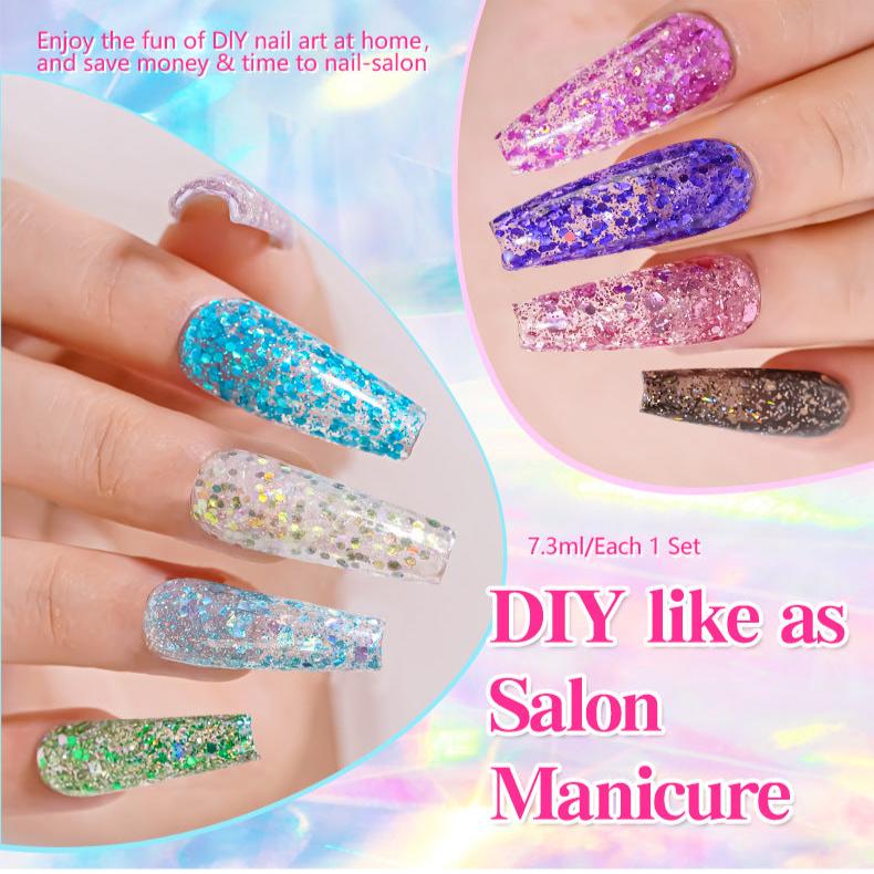 7.3ml Reflective Glitter Gel Polish (12 different color), Sparkly Shiny Gel Nail Art Varnish Manicure Kit, Soak Off LED Lamp