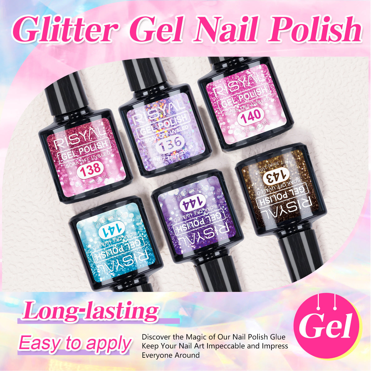 7.3ml Reflective Glitter Gel Polish (12 different color), Sparkly Shiny Gel Nail Art Varnish Manicure Kit, Soak Off LED Lamp
