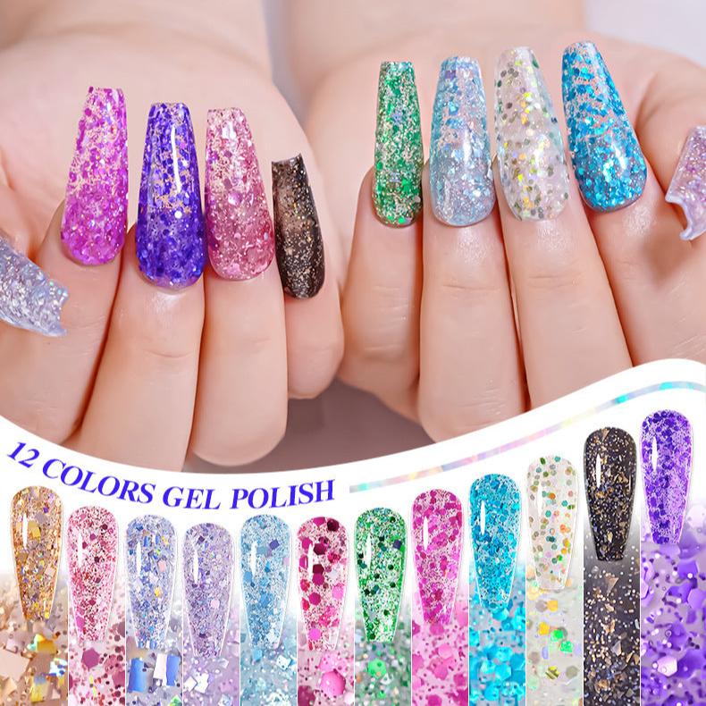 7.3ml Reflective Glitter Gel Polish (12 different color), Sparkly Shiny Gel Nail Art Varnish Manicure Kit, Soak Off LED Lamp