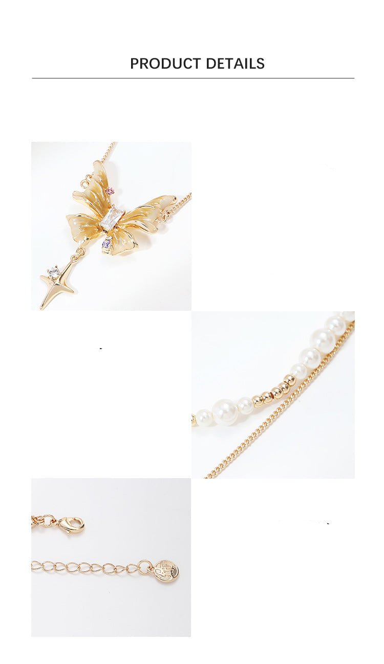 (Stainless)Elegant Butterfly Charm Layered Pearl Necklace