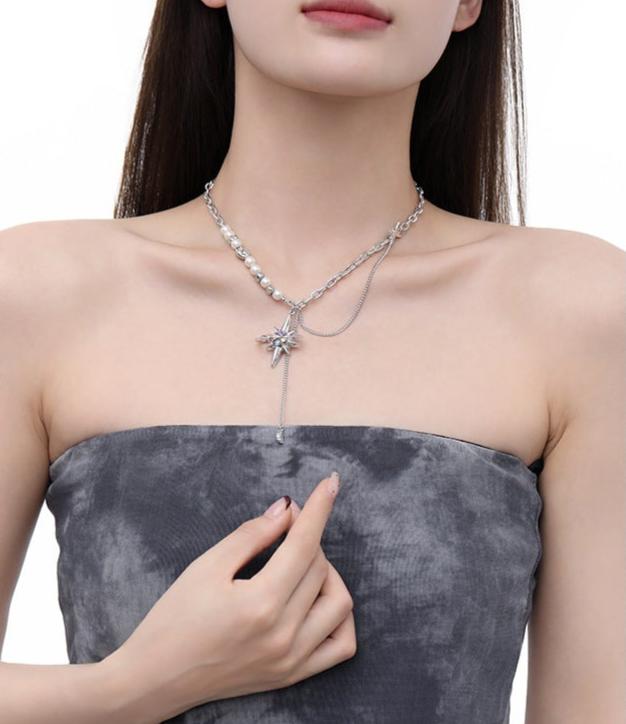 (Stainless)Starry Elegance: Pearl and Zircon Lariat Necklace