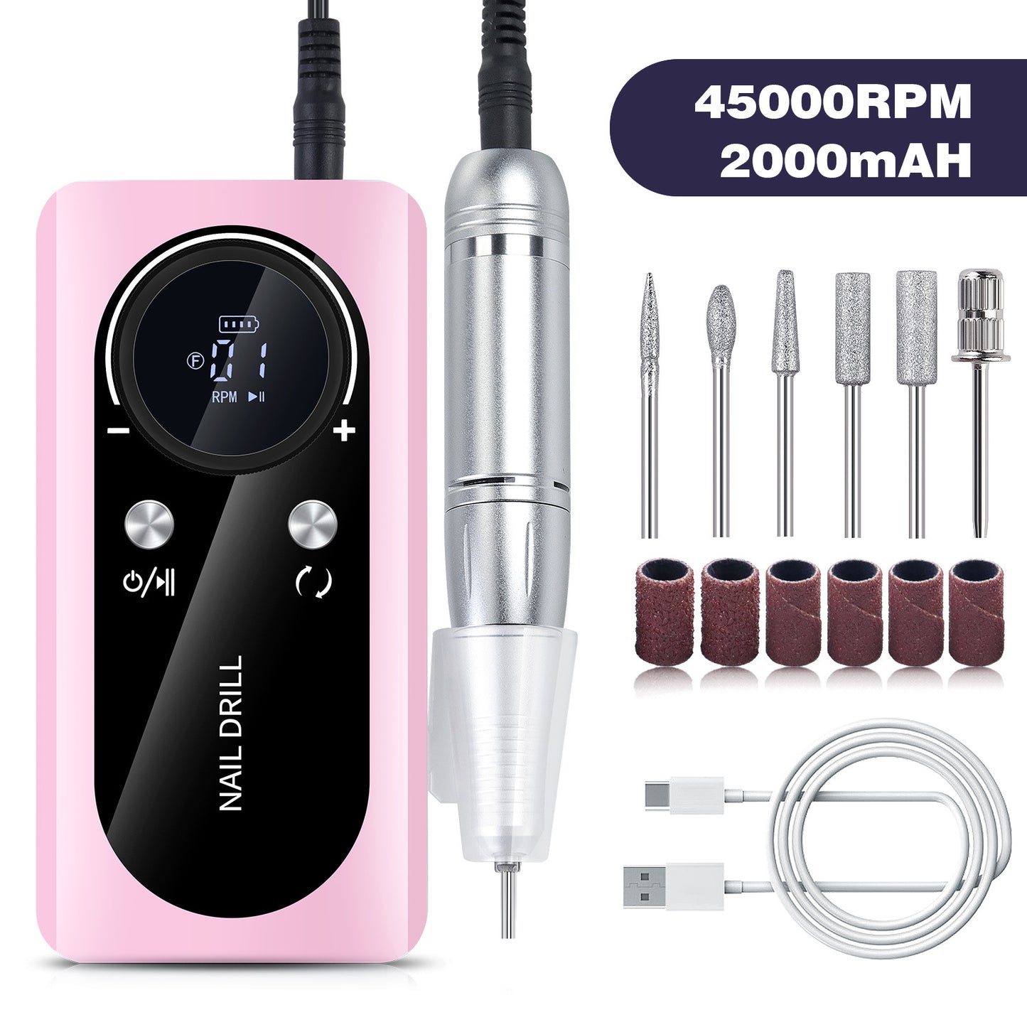 Portable Rechargeable Nail Drill 45000 RPM - Electric Nail File Efile Nail Drill Professional Manicure with 6PCS Nail Drill Bits