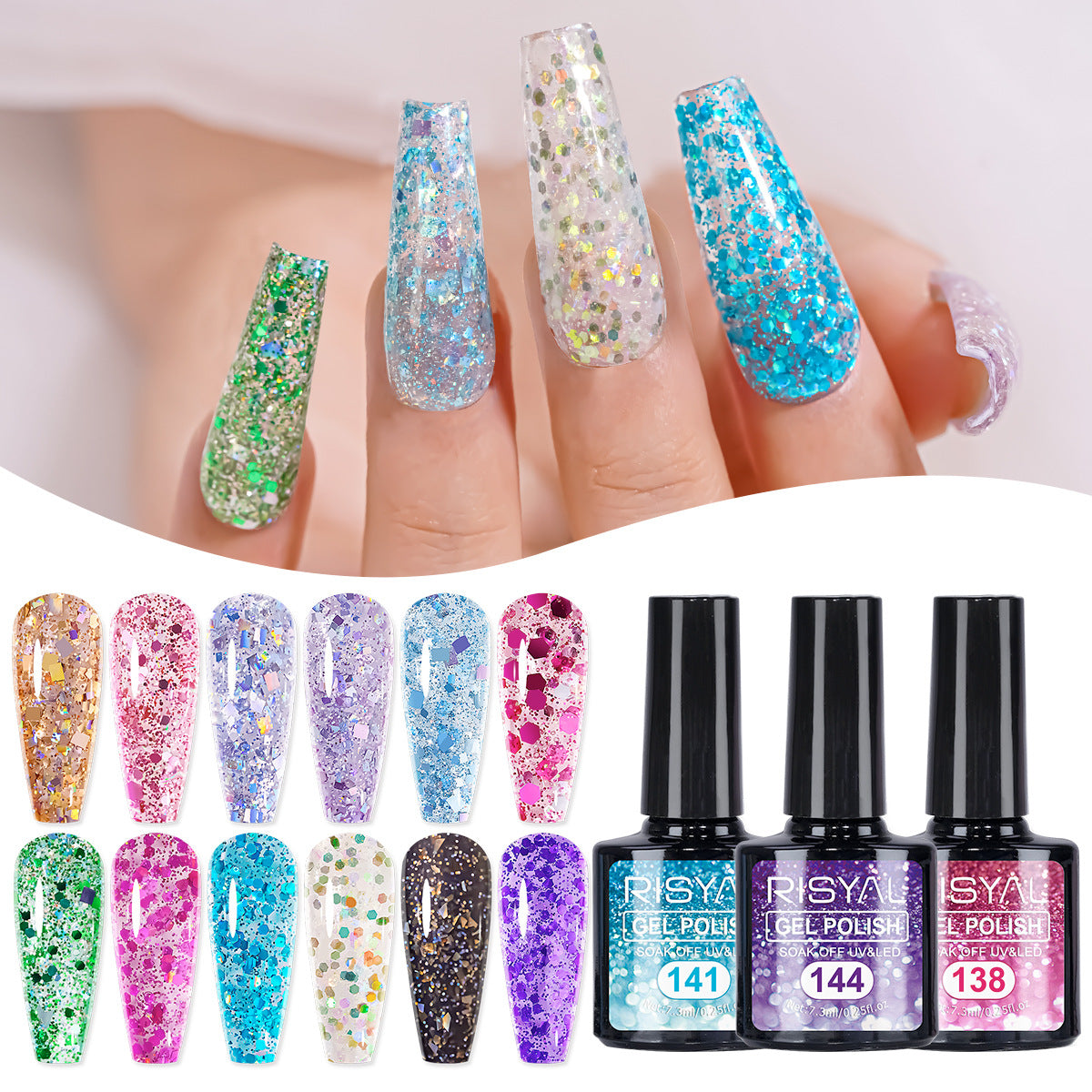 7.3ml Reflective Glitter Gel Polish (12 different color), Sparkly Shiny Gel Nail Art Varnish Manicure Kit, Soak Off LED Lamp