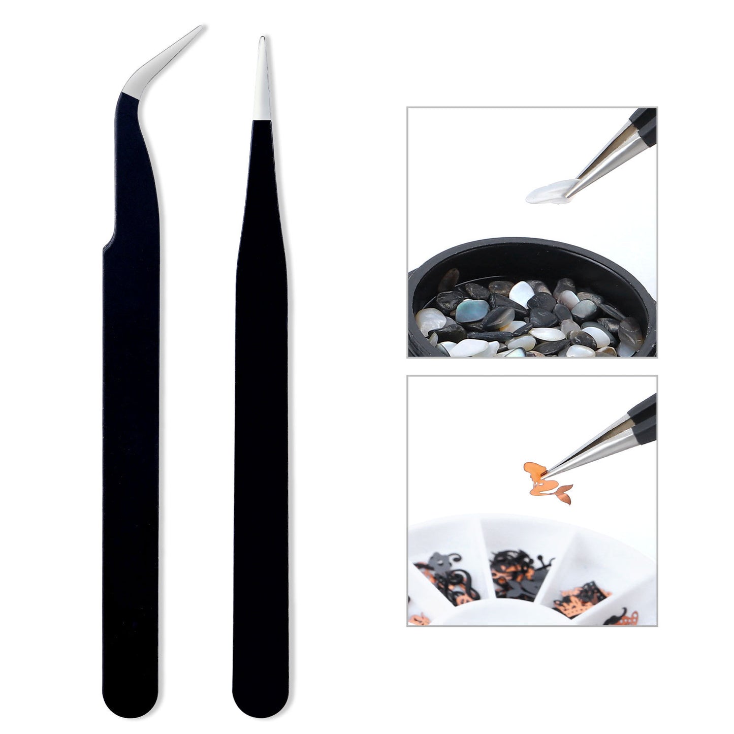 Double Ended Nail Art Tweezers, Stainless Steel Sticker Tweezers with Silicone Pressing Head