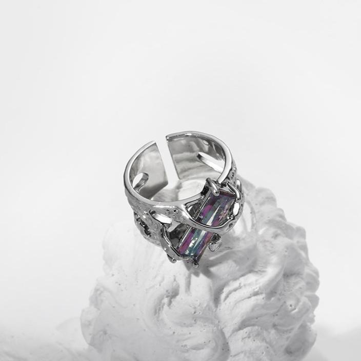 (Stainless)Dreamy Dual-Tone Gemstone Open Ring | Unique, Stylish, and Elegant Statement Piece