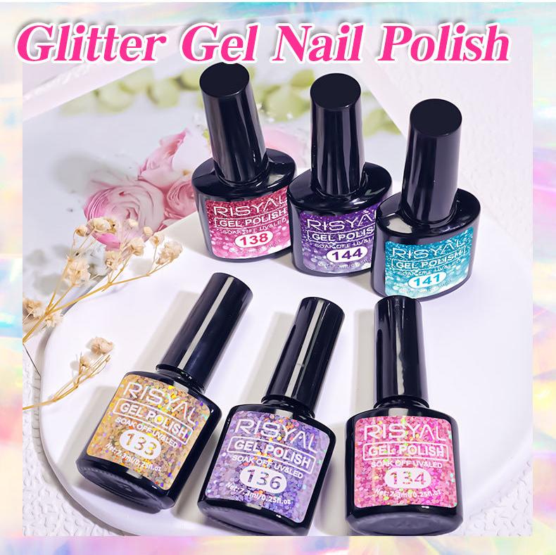 7.3ml Reflective Glitter Gel Polish (12 different color), Sparkly Shiny Gel Nail Art Varnish Manicure Kit, Soak Off LED Lamp