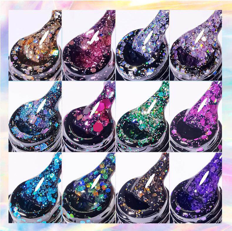 7.3ml Reflective Glitter Gel Polish (12 different color), Sparkly Shiny Gel Nail Art Varnish Manicure Kit, Soak Off LED Lamp