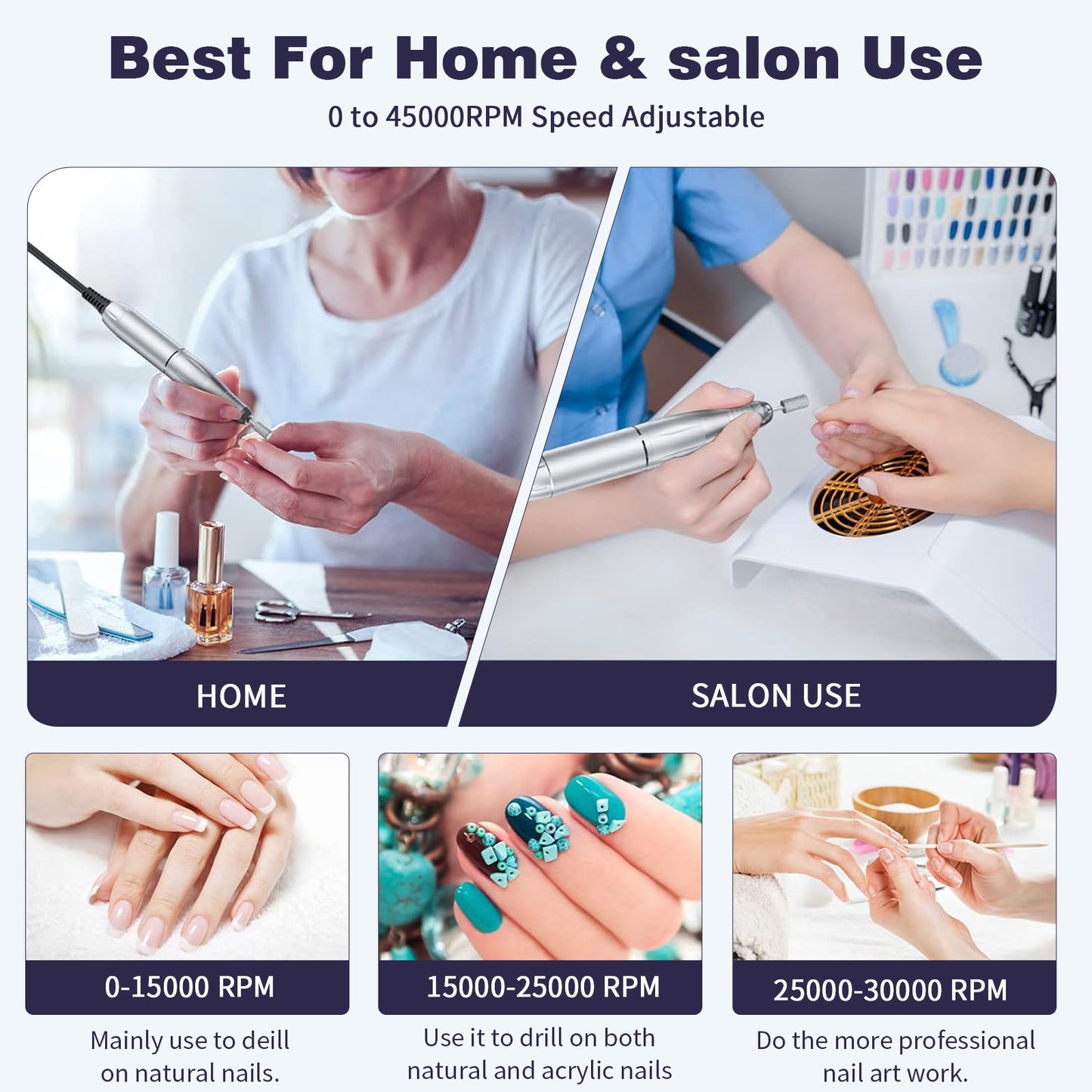 Portable Rechargeable Nail Drill 45000 RPM - Electric Nail File Efile Nail Drill Professional Manicure with 6PCS Nail Drill Bits