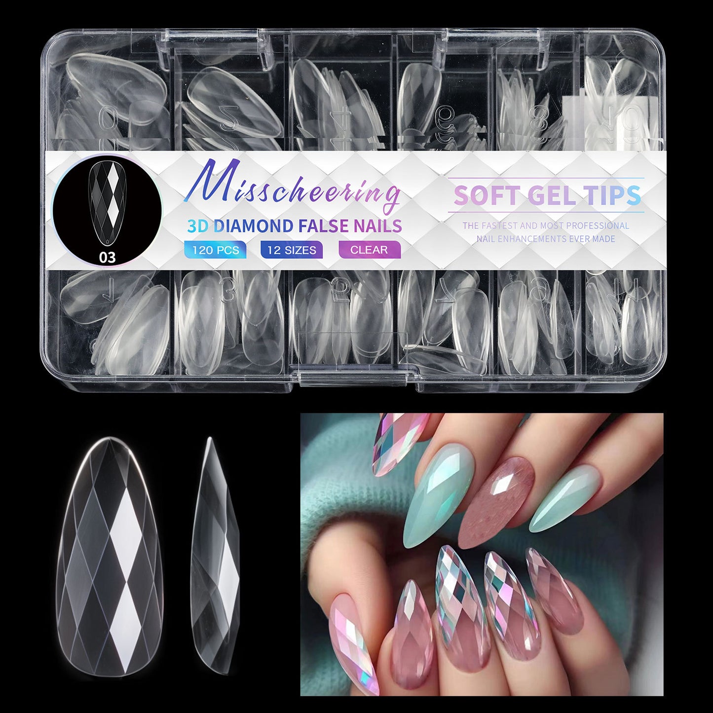 12 Different 3D Diamond Shape Designs Almond Nail Tips 120/140pcs Medium Nail Tips 14 Sizes Almond Shape Full Cover Acrylic Nails Clear Fake Nails for Nail Extension