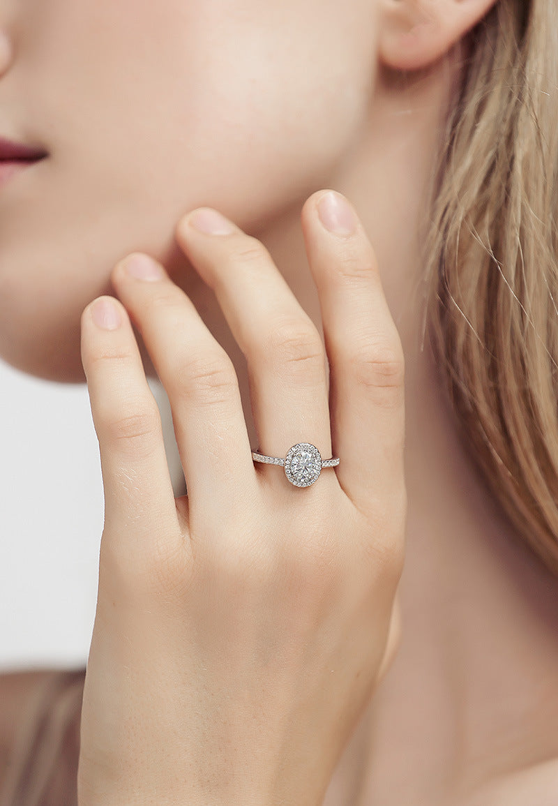 925 Sterling Silver PT950-Plated Oval Moissanite Solitaire Ring – Elegant ‘Pigeon Egg’ Gemstone Jewelry