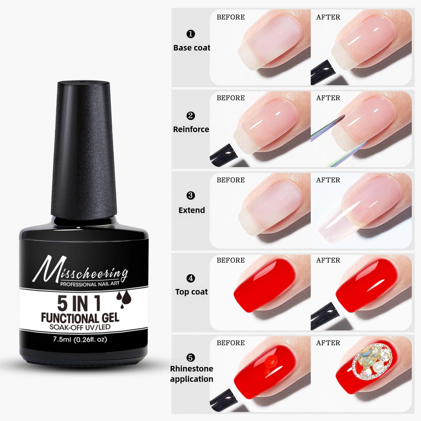 5 in 1, Nail Base Gel, Top Gel, Extension Gel (Builder Gel), Reinforcing gel, Strengthener Hard Gel in ONE Bottle