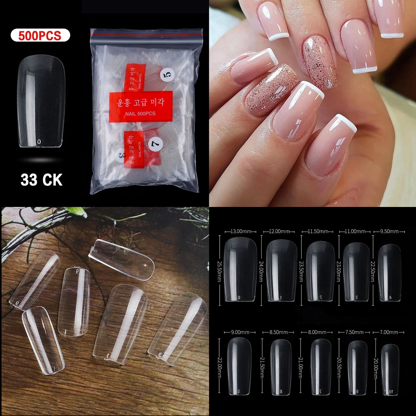 500 PCS Clear Nail Tips (33 different shapes) for Fingernails and Toenails
