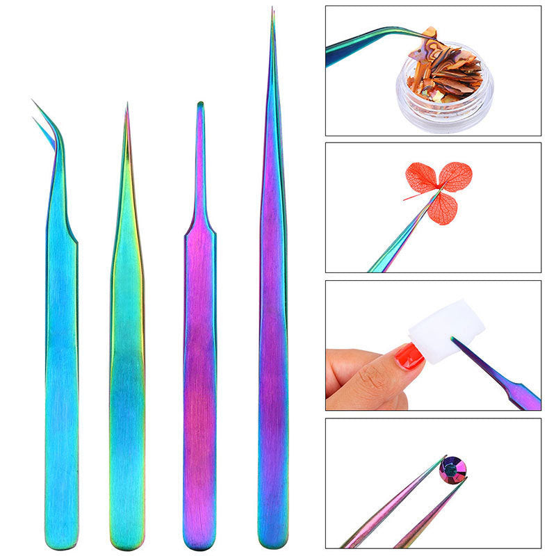 Straight and Curved Tip Tweezers Eyelash Extension Tweezers, Stainless Steel False Lash Application Tools (Iridescence)