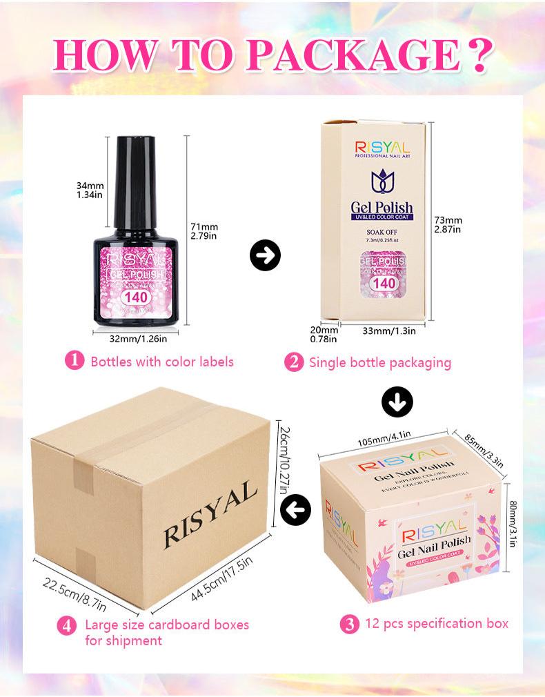 7.3ml Reflective Glitter Gel Polish (12 different color), Sparkly Shiny Gel Nail Art Varnish Manicure Kit, Soak Off LED Lamp