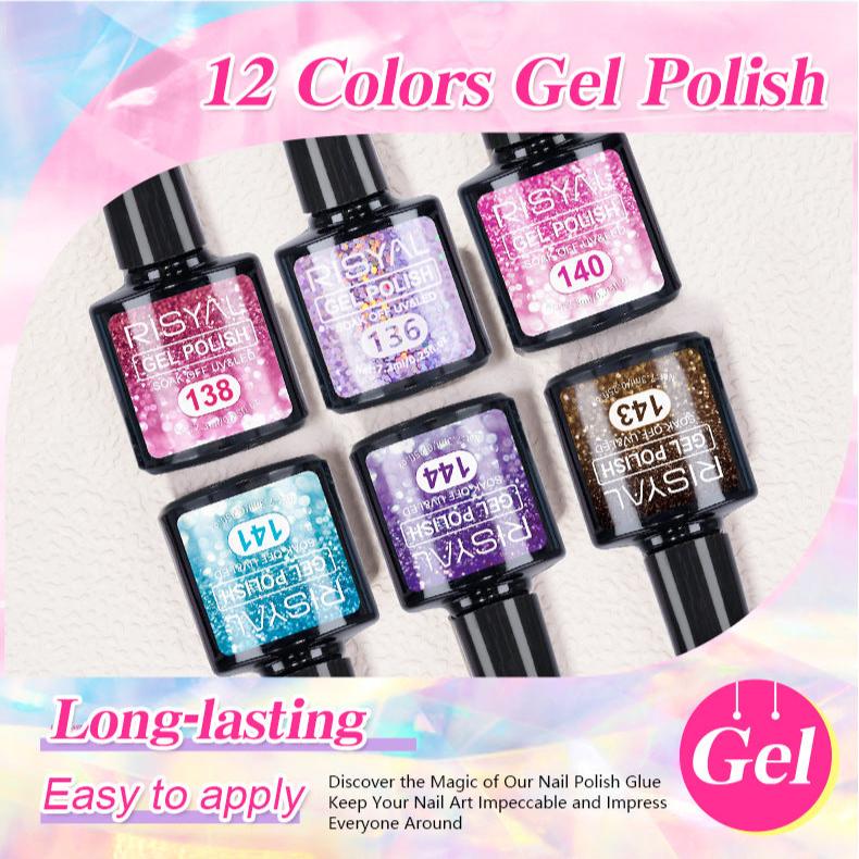 7.3ml Reflective Glitter Gel Polish (12 different color), Sparkly Shiny Gel Nail Art Varnish Manicure Kit, Soak Off LED Lamp
