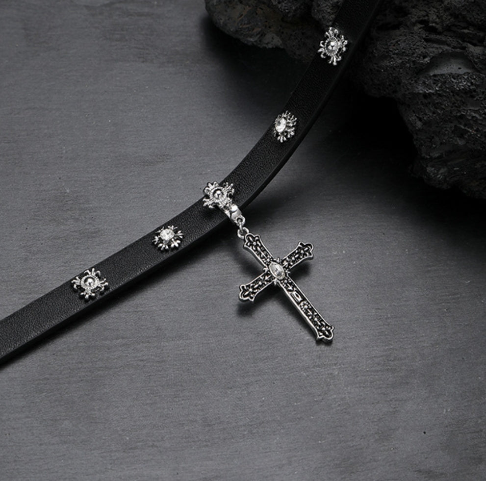 (Stainless)Y2K Punk Leather Cross Choker