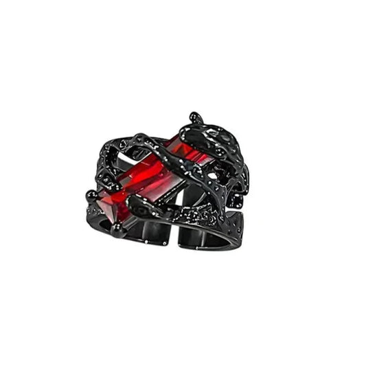 (Stainless)Gothic Black Wrap Ring with Fiery Red Rhinestone | Bold, Edgy, and Unique Statement Jewelry