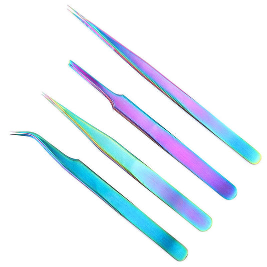 Straight and Curved Tip Tweezers Eyelash Extension Tweezers, Stainless Steel False Lash Application Tools (Iridescence)