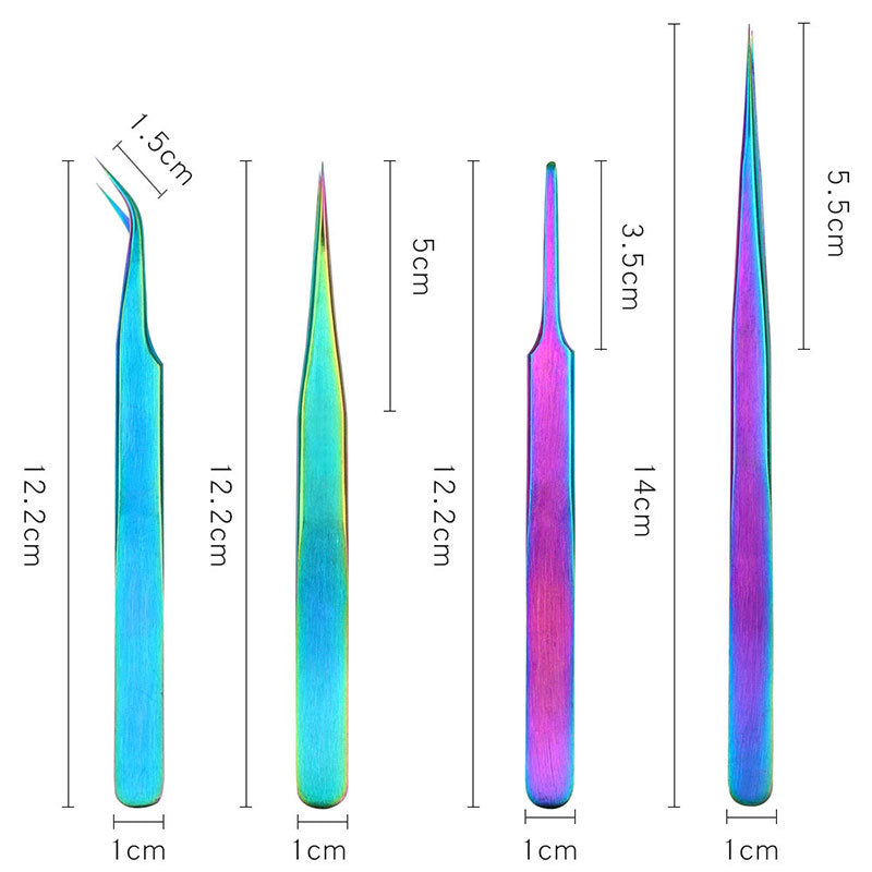 Straight and Curved Tip Tweezers Eyelash Extension Tweezers, Stainless Steel False Lash Application Tools (Iridescence)