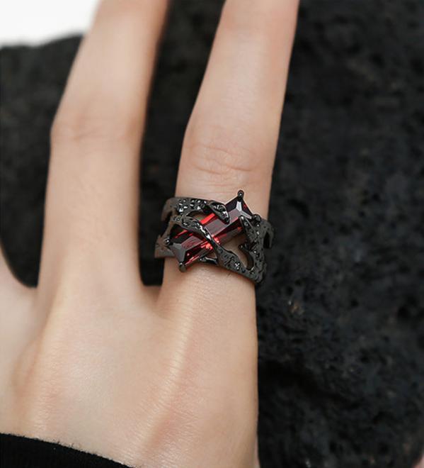(Stainless)Gothic Black Wrap Ring with Fiery Red Rhinestone | Bold, Edgy, and Unique Statement Jewelry