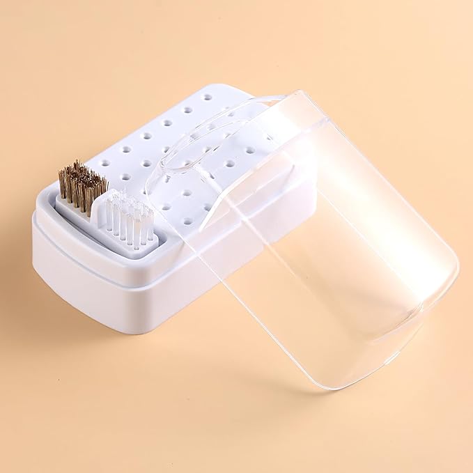 2 in 1 Nail Drill Bit Holder and Nail Drill Bits Cleaner Brush Case, 30 Holes Dust-proof Nail Bit Holder Organizer Display Storage Box, Nail Bit Cleaning