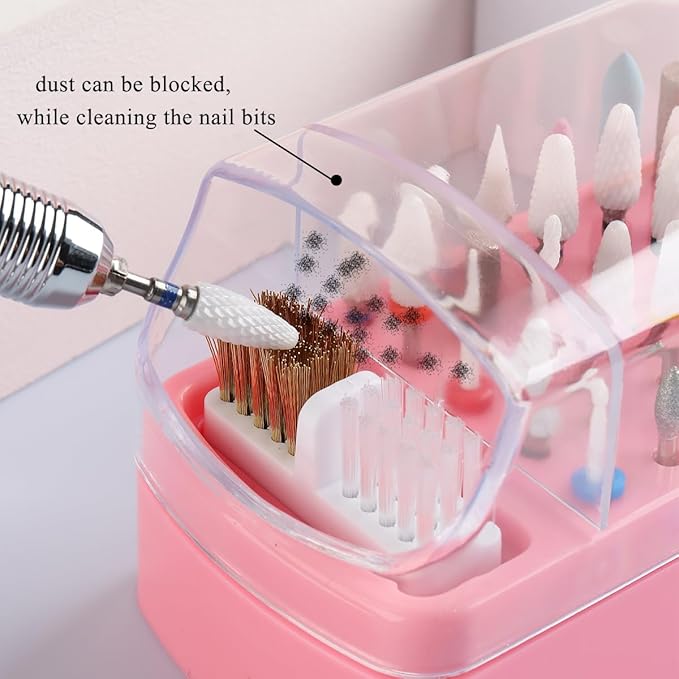 2 in 1 Nail Drill Bit Holder and Nail Drill Bits Cleaner Brush Case, 30 Holes Dust-proof Nail Bit Holder Organizer Display Storage Box, Nail Bit Cleaning