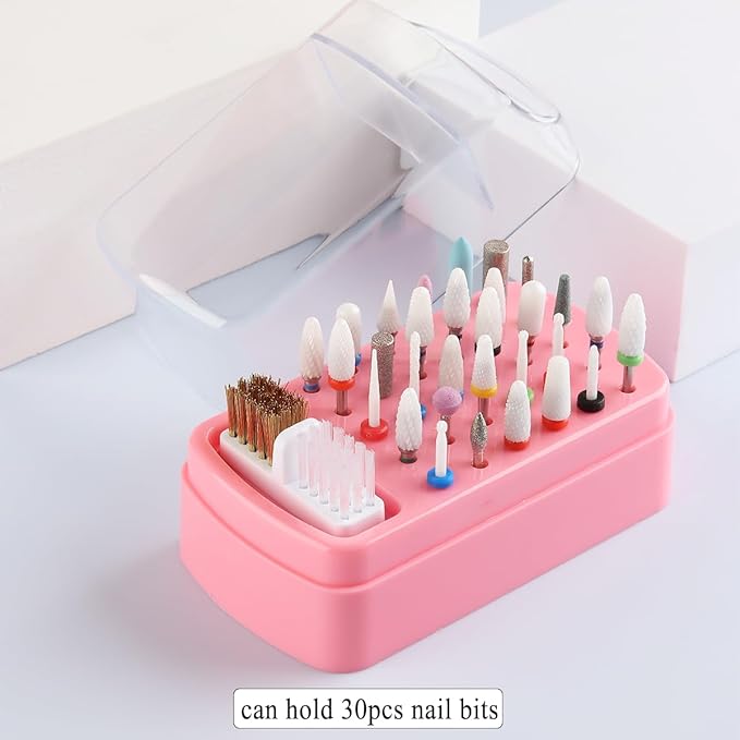 2 in 1 Nail Drill Bit Holder and Nail Drill Bits Cleaner Brush Case, 30 Holes Dust-proof Nail Bit Holder Organizer Display Storage Box, Nail Bit Cleaning