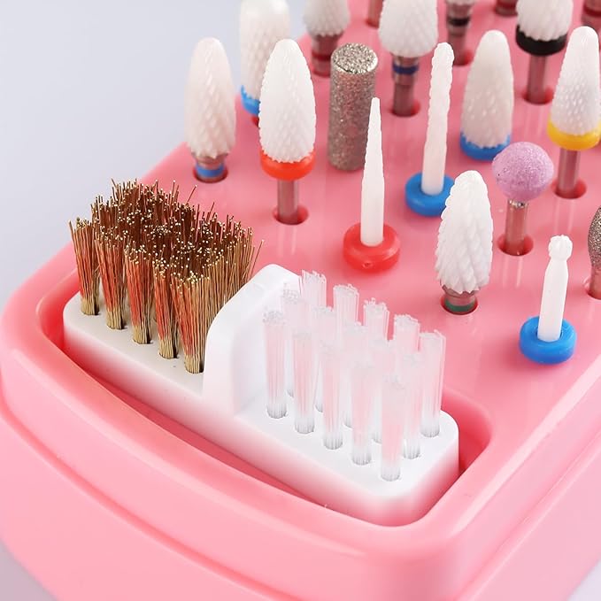 2 in 1 Nail Drill Bit Holder and Nail Drill Bits Cleaner Brush Case, 30 Holes Dust-proof Nail Bit Holder Organizer Display Storage Box, Nail Bit Cleaning