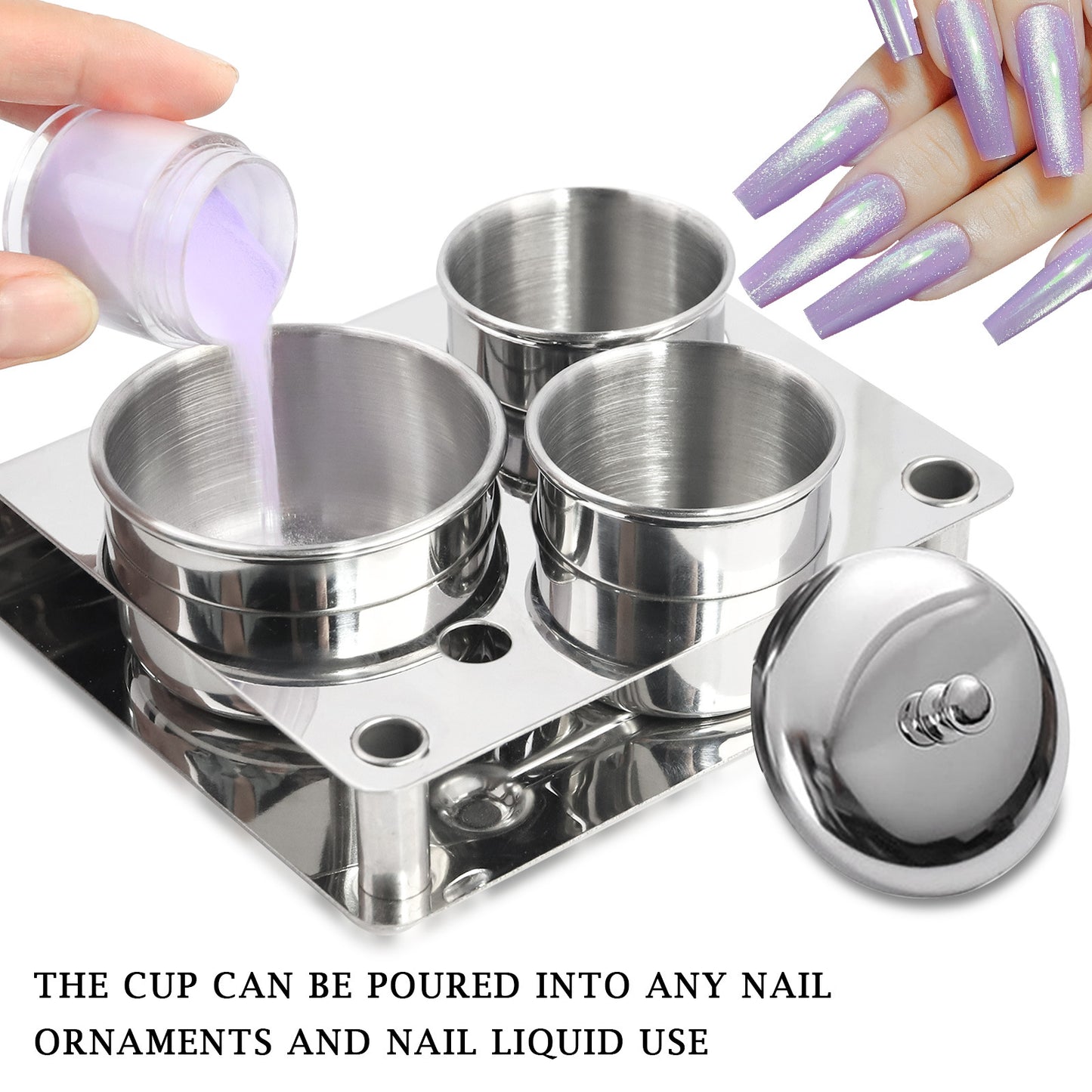 3 Pieces Acrylic Liquid Container Stainless Steel Acrylic Liquid Powder Cup Stainless Steel Nail Powder Holder Container with Lids for Nail Design Tools