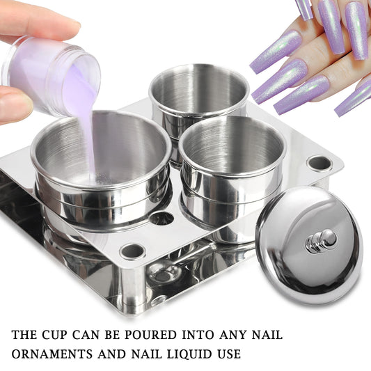 3 Pieces Acrylic Liquid Container Stainless Steel Acrylic Liquid Powder Cup Stainless Steel Nail Powder Holder Container with Lids for Nail Design Tools