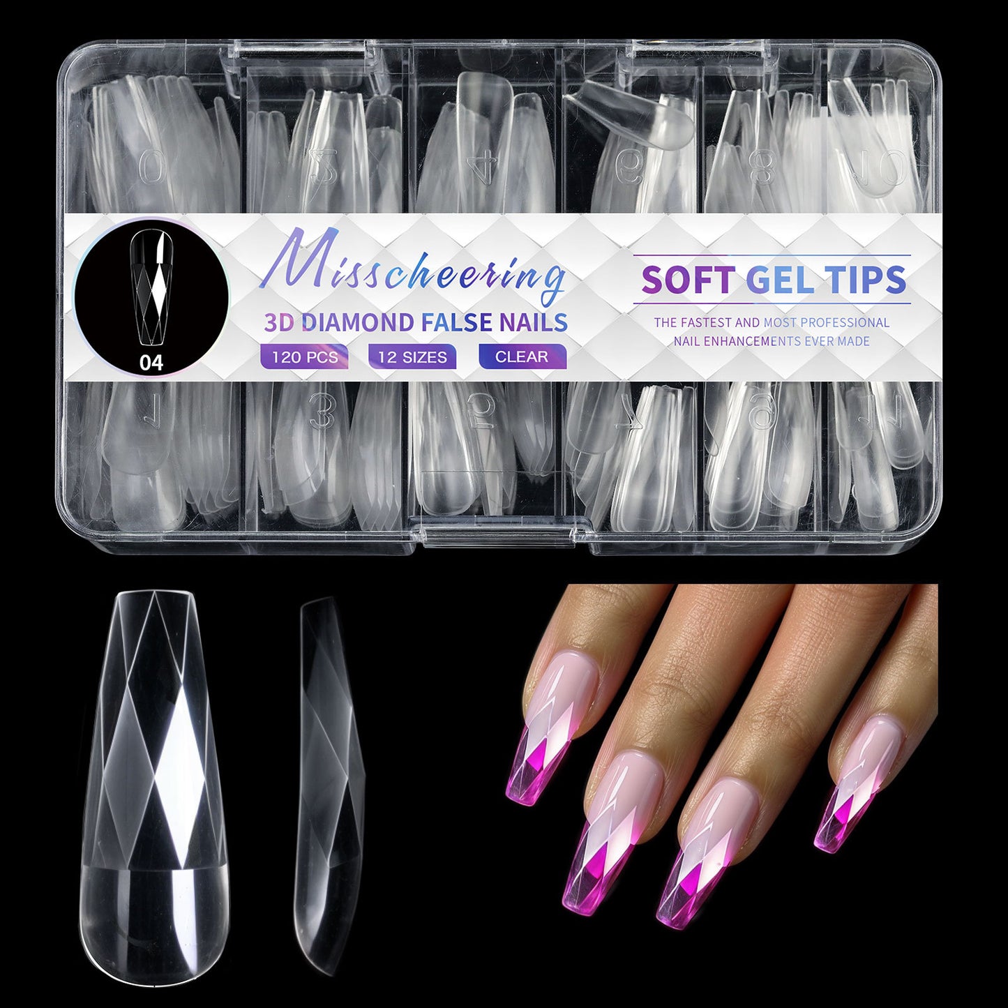 12 Different 3D Diamond Shape Designs Almond Nail Tips 120/140pcs Medium Nail Tips 14 Sizes Almond Shape Full Cover Acrylic Nails Clear Fake Nails for Nail Extension