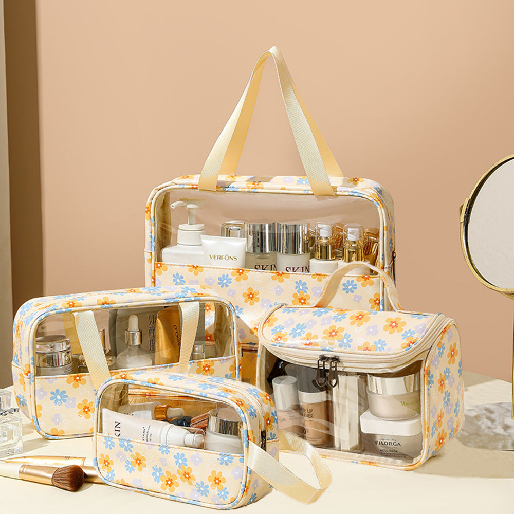 Yellow Floral Cosmetic Bags, PU Leather Clear Makeup Bag Travel Makeup Bag