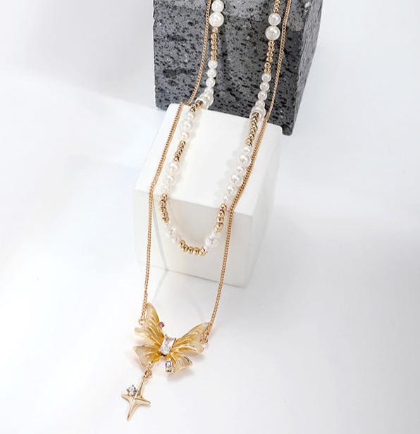 (Stainless)Elegant Butterfly Charm Layered Pearl Necklace