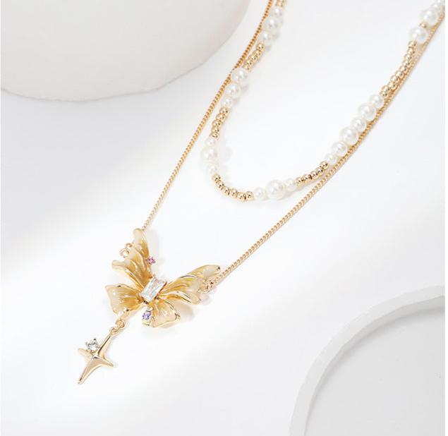 (Stainless)Elegant Butterfly Charm Layered Pearl Necklace