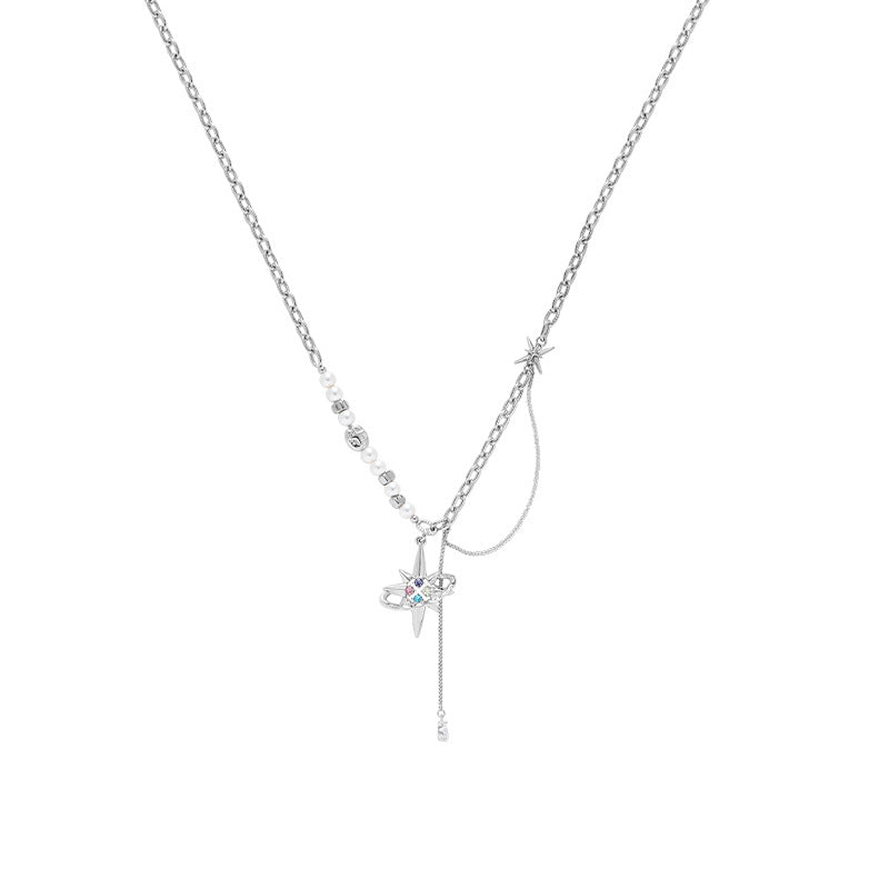 (Stainless)Starry Elegance: Pearl and Zircon Lariat Necklace