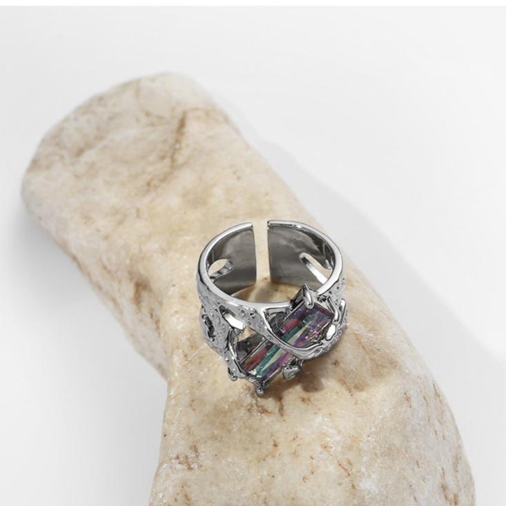 (Stainless)Dreamy Dual-Tone Gemstone Open Ring | Unique, Stylish, and Elegant Statement Piece