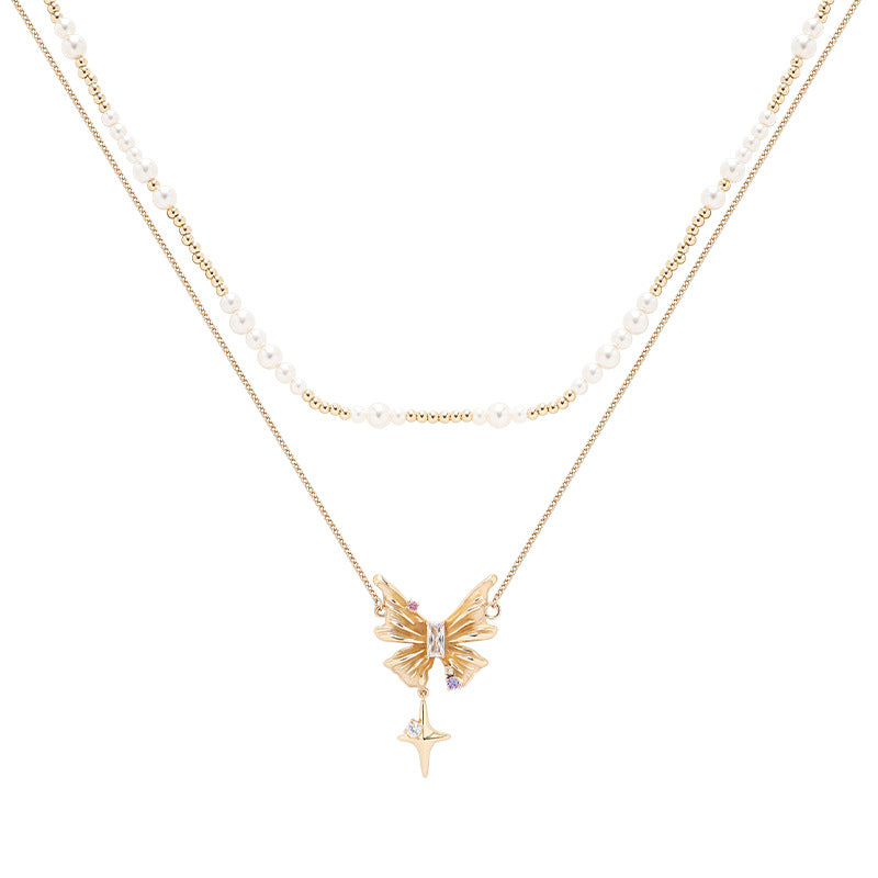 (Stainless)Elegant Butterfly Charm Layered Pearl Necklace