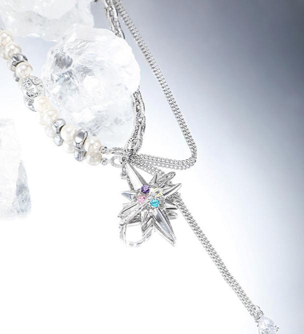 (Stainless)Starry Elegance: Pearl and Zircon Lariat Necklace