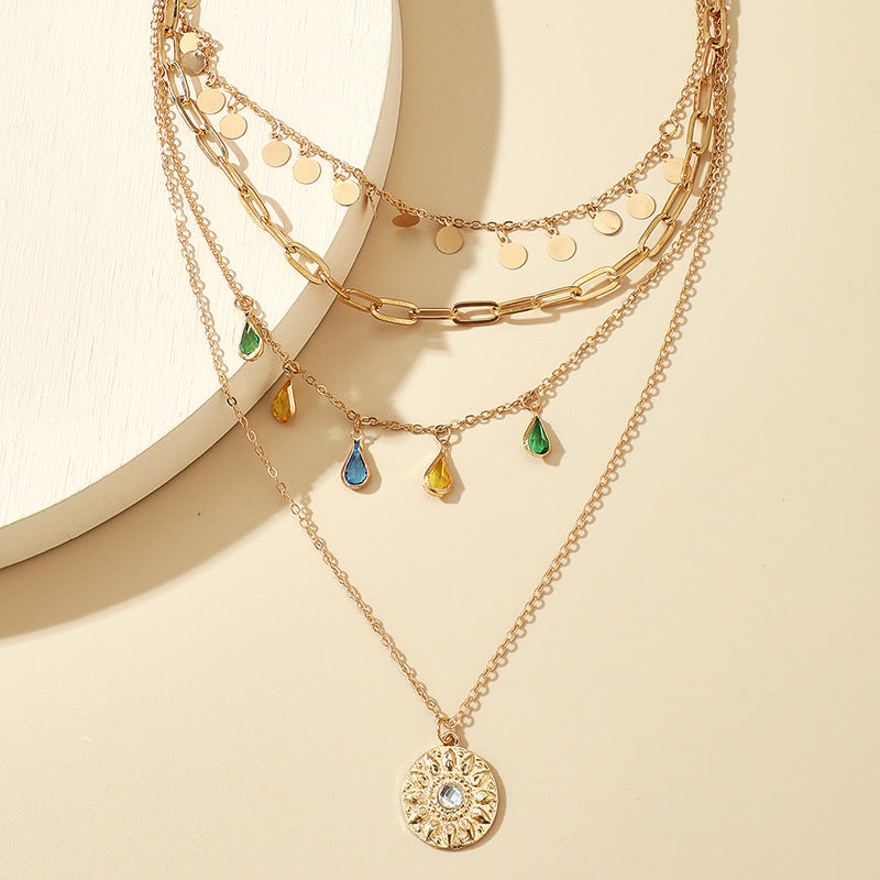 (Stainless)Boho Multi-Layered Gold Alloy Necklaces with Teardrop Charms and Sun Medallion