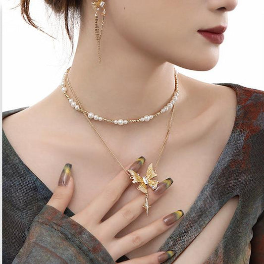 (Stainless)Elegant Butterfly Charm Layered Pearl Necklace