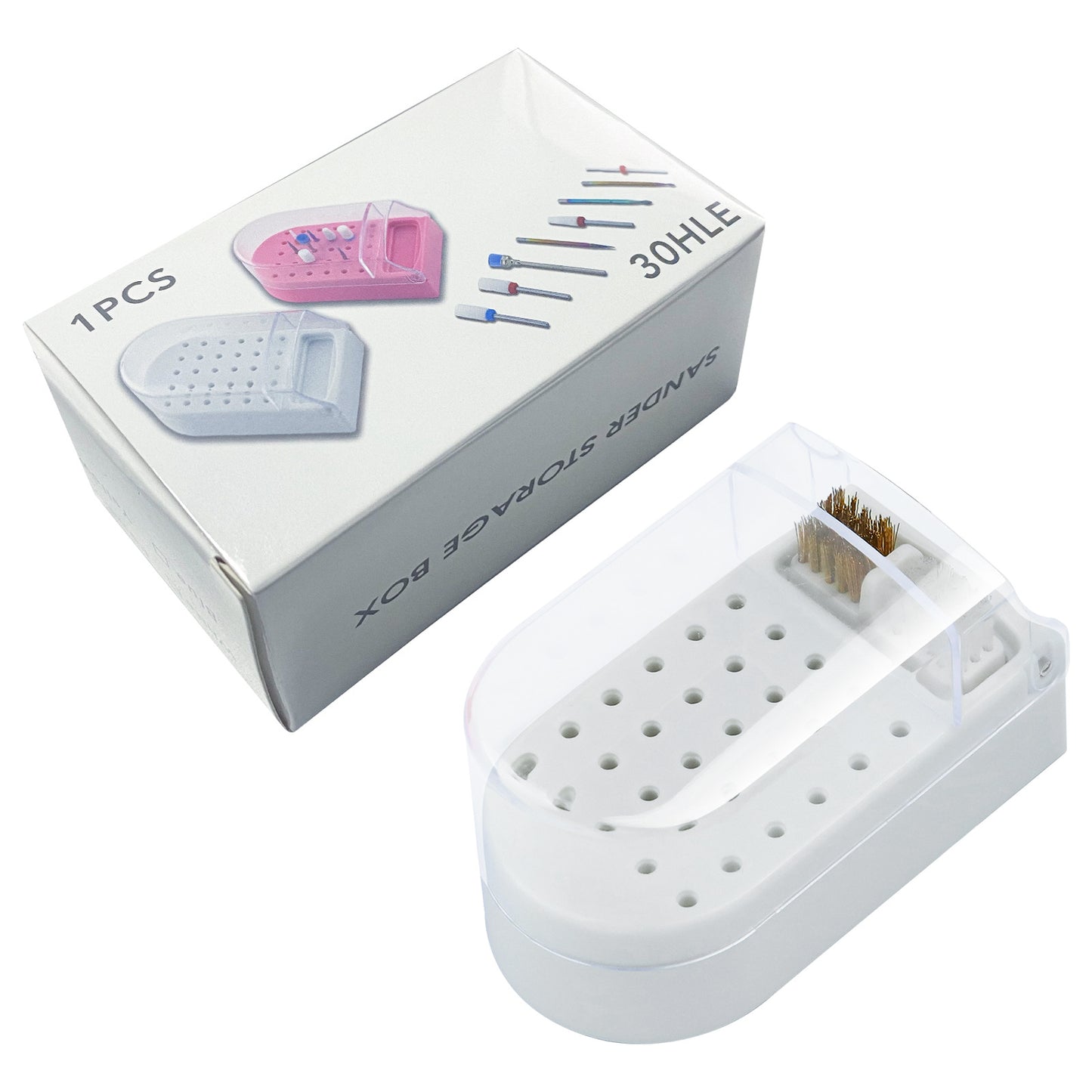 2 in 1 Nail Drill Bit Holder and Nail Drill Bits Cleaner Brush Case, 30 Holes Dust-proof Nail Bit Holder Organizer Display Storage Box, Nail Bit Cleaning